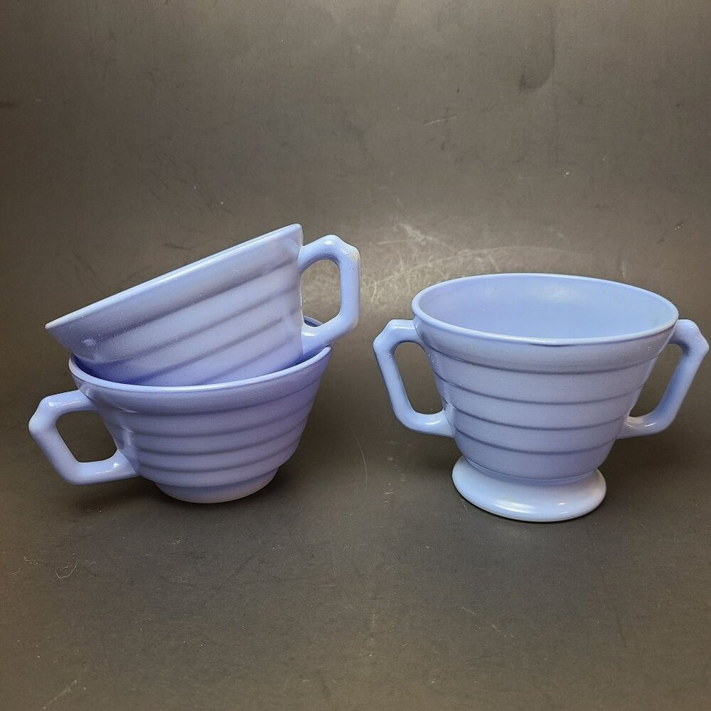 Lot (3) Vintage Hazel Atlas Platonite Moderntone Sugar Bowl & Two Cups Mugs - Picture 1 of 15